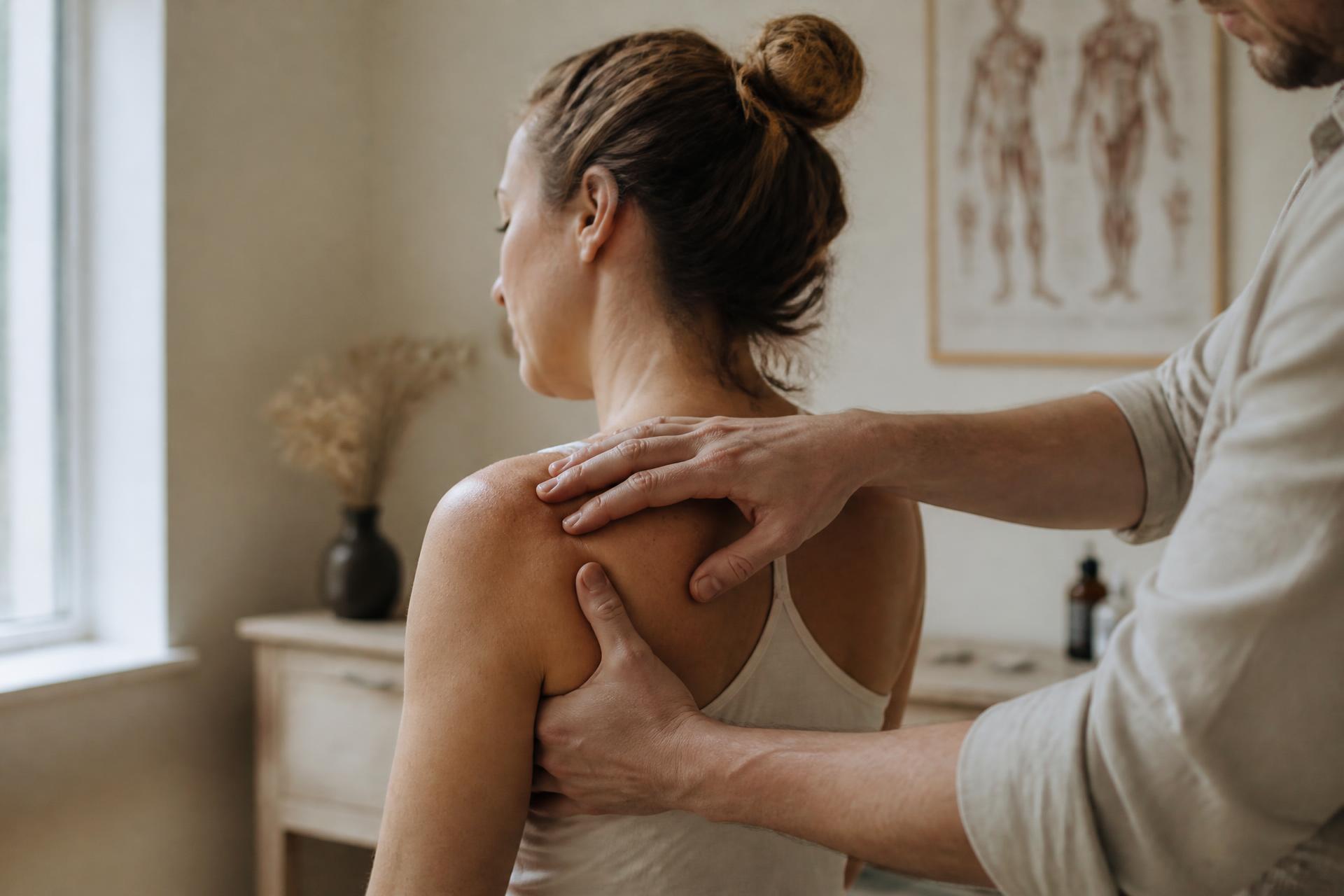 Osteopath treating a patient's shoulder in a calm clinic room
